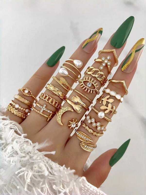 22 قطعة مجموعة خواتم موضة، مجموعة خواتم مفتوحة جديدة مزينة بالأوراق والقمر والعين والثعبان بطلاء قطرات وحجر راين، هدية للفتيات المراهقات