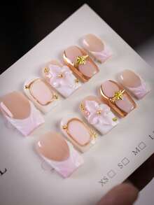 10片Y2K风格 - 粉色花朵金色十字星美甲贴片，粉色渐变法式方形美甲贴片 - 法式设计，粉色花朵装饰，金色珠子点缀假指甲 - 秋冬季必备美甲，适合日常使用、旅行、轻奢搭配 - 送给女士的最佳礼物，手工美甲贴片 - 彩色 - 查看 6