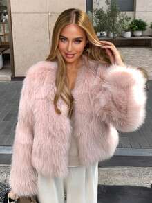 女士优雅粉色仿皮草外套，带口袋，时尚短款皮草大衣，修身剪裁，街头风外套，适合秋冬季节、度假、日常穿着、旅行、下午茶、约会等各种场合。 - 淺粉色 - 查看 4