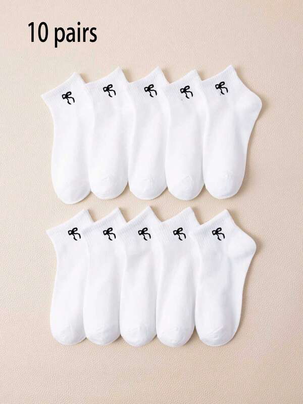 10 Pairs Women's Short Socks, New Creative Bow Socks, Casual College Style Socks, Fashionable Sports Short Socks