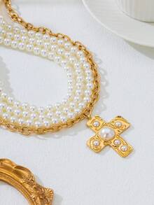 Elegant Women's Necklace, European And American Minimalist Style, Heavy Metal Chain, Faux Pearl Beaded, Layered Cross Pendant Necklace, Women's Accessories - Gold - View 5