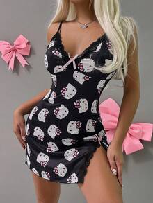 Sanrio [WONDER WORLD]1pc Hello Kitty Valentine's Day Women's Deep V-Neck Contrast Lace Slit Nightgown + G-String - Black - View 5