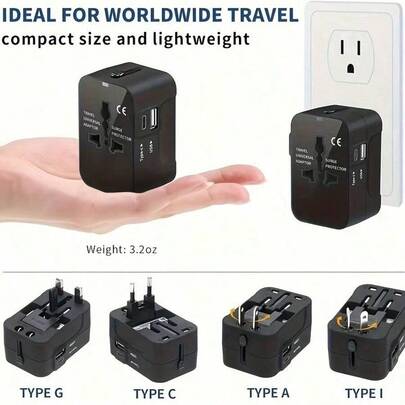 通用旅行适配器，带 1 个 USB 和 1 个 Type-C 充电端口，100-240V 输入，适用于电脑配件的电源适配器，美国/英国/澳大利亚插头，电涌保护，适用于 150 多个国家/地区，是商务旅行和旅行的必备品，适用于笔记本电脑、平板电脑、笔记本电脑