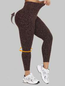 Women's High Waisted Yoga Sports Leggings, Fashionable Women's Sports Leggings, Sports Pants. Back Waist Pocket Design, Sporty Tie Dye High Waisted Sports Leggings, Suitable For Yoga Women's Pants - 咖啡棕 - 查看 3