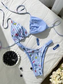 Bộ bikini gợi cảm buộc dây cổ, họa tiết vỏ sò sọc, dành cho nữ, thích hợp mặc đi biển mùa hè. - Màu xanh lam - Xem 6