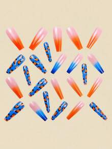 24Pcs Medium-Long Blue & Orange Leopard Print Nail Art Stickers, Removable Fashion Nail Wraps For Summer, Shiny Minimalist Elegant Fake Nail Strips Press On Nails Nail Supplies Nails - Orange - View 4