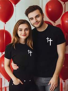 Couple Outfit Single Piece Unisex Printed T-Shirt - Circuit Board And Heart Pattern Valentine's Day Christmas Gift Casual Round Neck Short Sleeve Machine Washable Suitable For All Seasons Preferred By Tech Enthusiast Couples (Ideal Couple Style), Skin-Friendly Comfortable Wrinkle-Resistant T-Shirt - 女款1 - 查看 1