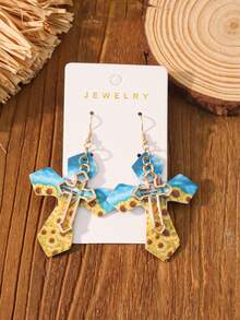 1 paire Boucles d'oreilles croisées en PU léopard/vache bohémien vintage, boucles d'oreilles pendantes de style occidental cow-girl en fer à cheval turquoise/imprimé zèbre