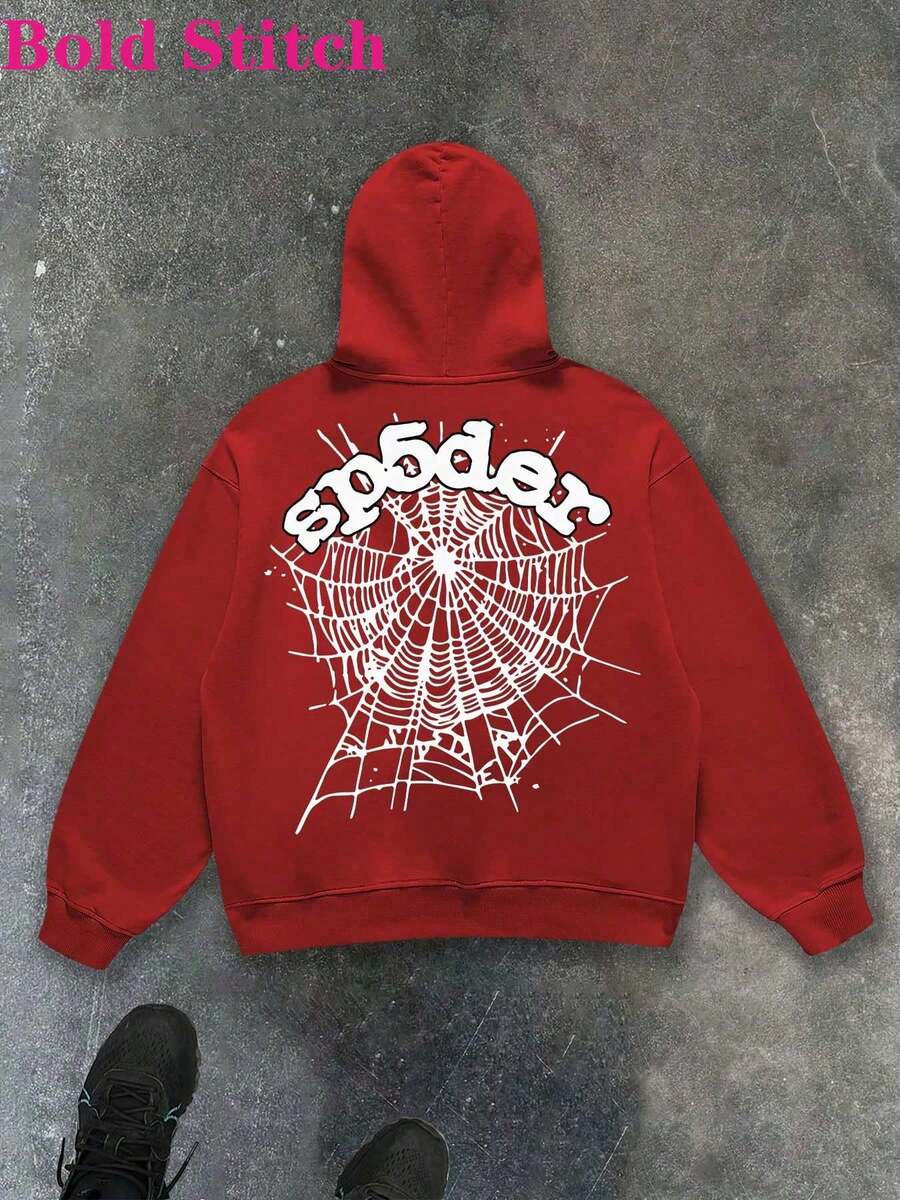 Spider Web Hoodie - Sp5der EditionFashion Men's Casual Long-Sleeved Hooded Pullover Sweatshirt ,250g Polyester Fiber,Fall Clothes Men,Hoodie For Men,Oversized Hoodie,Sudaderas Para Hombre,Graphic Hoodie - 紅色 - 查看 1