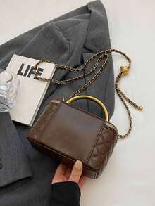 Classic Solid Color Square Box Bag, Quilted Square Bag, Handbag, Zipper Shoulder Bag, Shoulder Bag With Metal Accessories, And Unique Strap Decor Design, Suitable For Travel, Shopping, Parties, And Dates - Coffee - View 6