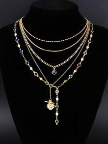 2pcs/1set Fashionable Vintage Elegant Devil's Eye Y-Shaped Long Necklace Set For Women, Inlaid Colorful Faux Gemstone, Suitable For Daily, Party, Vacation, Date, Holiday Gift