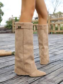 女式尖头粗跟绒面西部靴，流苏装饰，修身及膝靴