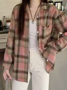 拉绒格子衬衫，新款时尚宽松复古中长款上衣，长袖夹克
