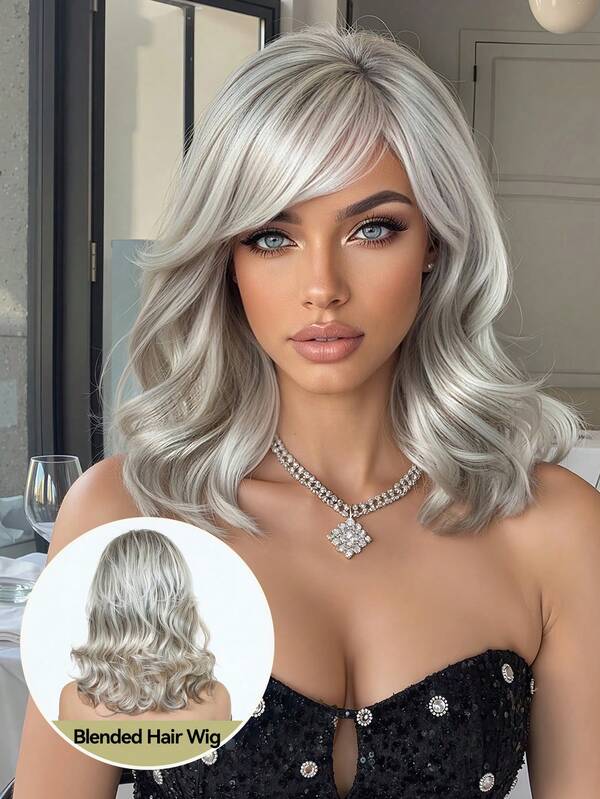 14 Inch Medium Long Ombre Silver And Gray Wig Curly Hair With Oblique Fringe Blended Wigs A Mix Of Human Hair And Synthetic Human Blend Hair Prevalence Novel And Fashionable Blended Wig Effortless And Romantic Curls High-Fashion Statement Piece Suitable For Daily Party Festival And Cosplay Wigs For Women Hairstyle Cosplay Wigs Party Wigs Christmas Wigs Thanksgiving Gifts Christmas Gifts