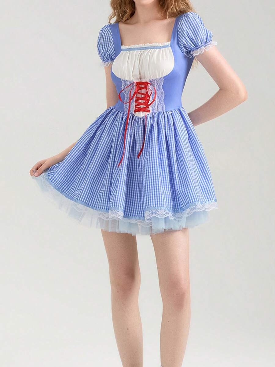 Women's Vintage Plaid Print Mini Corset Dress Halloween Costume Sleeveless Tank Dress Cosplay Outfit For Holiday Party - 霧霾藍 - 查看 1