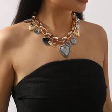 Mydear 1pc Vintage Charm Geometric Heart Pendant Necklace, Retro Dual-Tone Alloy Chunky Chain, Fashion Jewelry Suitable For Women's Daily & Party Wear