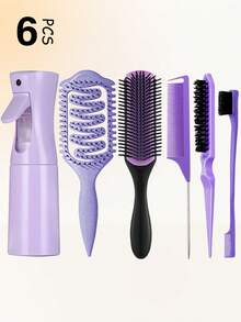 2/3/5/6/11pcs Styling Comb Set, Including New Upgrade Curl Defining Brush, Nine-Row Comb, Spray Bottle, Scalp Massager Shampoo Brush, Premium Wide Tooth Comb, Flower Hair Clip, Teasing Hair Brush, Rat Tail Comb, Edge Brush, This Hairbrush Set Is Specially Designed For Wavy, Curly And Frizzy Hair, Effortlessly Tackling Styling Challenges On Wet, Dry And Long Hair, It Makes The Perfect Gift Set For Treating Yourself Or Loved Ones(Purple) - Multicolor - View 12