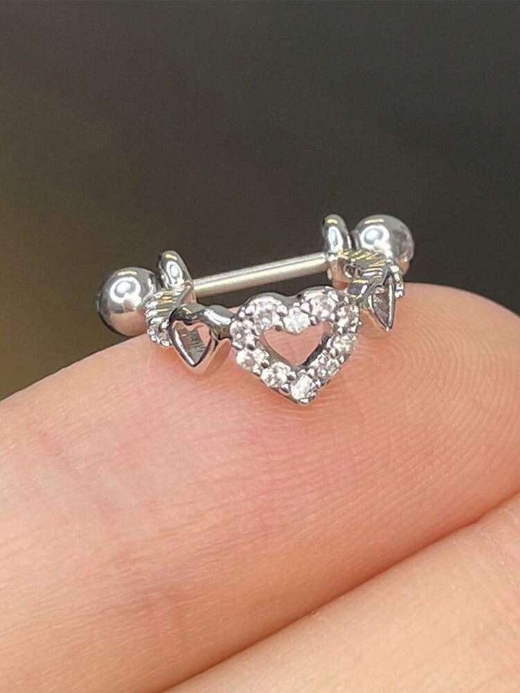 2 件螺丝耳骨钉，铜锆石 U 形心形螺旋耳钉，女士耳环 - 銀色 - 查看 3