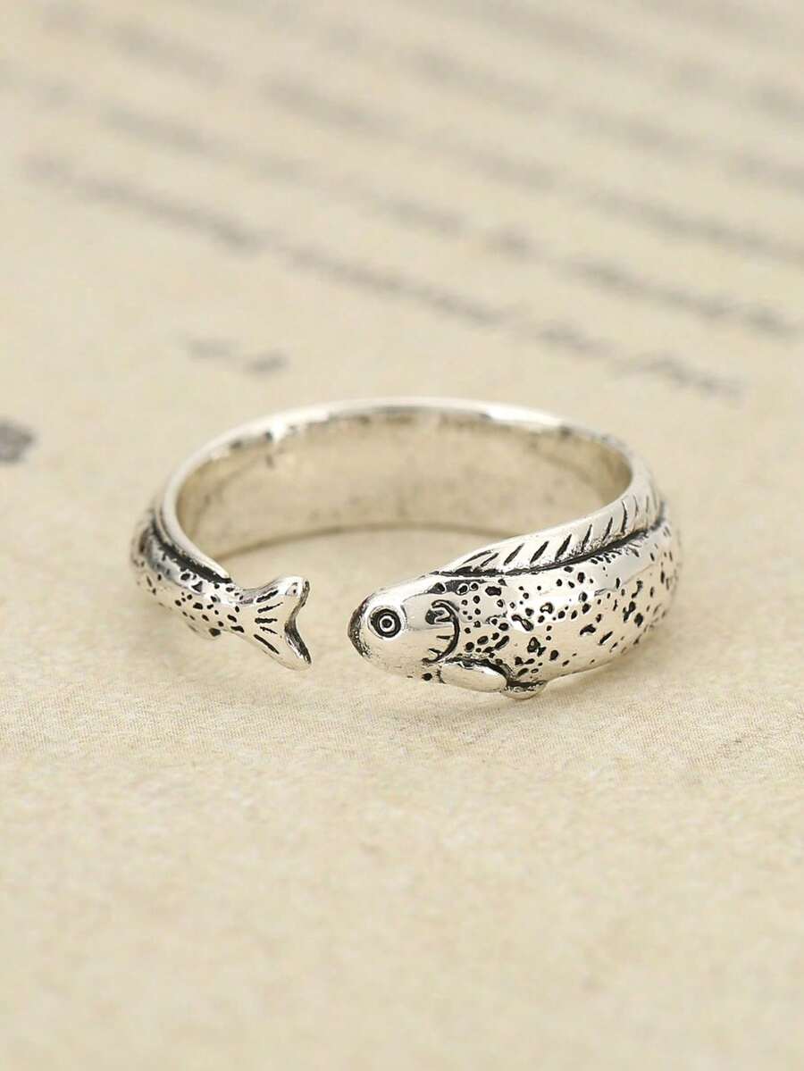 1PC Vintage-Style Ancient Silver Color Fish Charm Open Ring, Suitable For Both Men And Women, Perfect For Daily And Festive Outfits, Can Be Given As A Gift To Friends. - 魚 戒指 - 查看 1