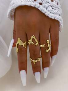 4件套创意水滴几何叠戴戒指套装，适合女性日常佩戴、派对、时尚首饰礼品 - 金黃色 - 查看 6