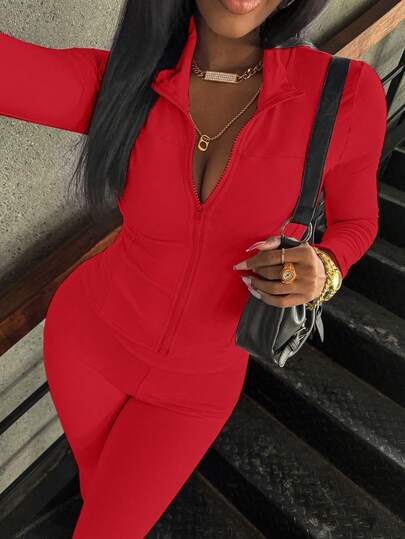 2pcs Women Pink Zipper Long Sleeve Top And Pants Set, Casual Commuter Sportswear Style, New Fashion