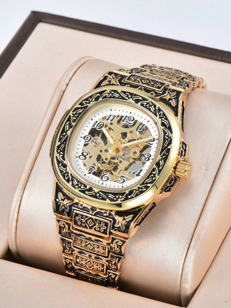 LONGLUX 1pc Men's Hollow Automatic Mechanical Movement Engraved Retro Numeric Scale Waterproof Watch - Multicolor - View 1