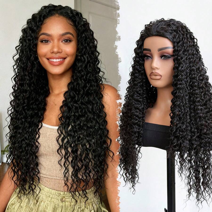 Deep Wave 26 Inch None Lace Front Deep Curly Wig Protein Synthetic Half Wigs With Drawstring For Women Daily ,Beginner Friendly