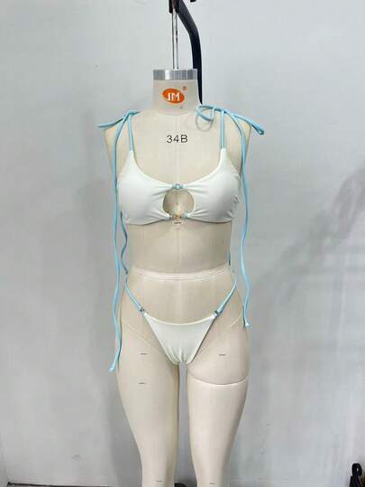 PEPPERMOLLY 2026 Summer Women's Hollow Out Tie-Up Bikini Set - Sexy Chain Detail Swimsuit With Light Blue Straps & Beach Chic Design For Poolside/Boating