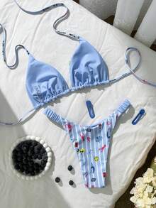 Bộ bikini gợi cảm buộc dây cổ, họa tiết vỏ sò sọc, dành cho nữ, thích hợp mặc đi biển mùa hè. - Màu xanh lam - Xem 8