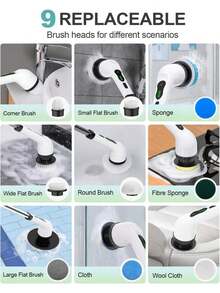 Electric Spin Scrubber, Cordless Cleaning Brush, Shower Cleaning Brush With 9 Or 6 Brush Heads 2H Power Dual Speed, Adjustable Extension Handle, 360 Cordless Cleaning Brush For Bathroom, Bathtub, Tiles, USB-C Charging Cable, Rotating Cleaning Brush, Thanksgiving Gifts, Christmas, Halloween Gifts - 黑與白 - 查看 5