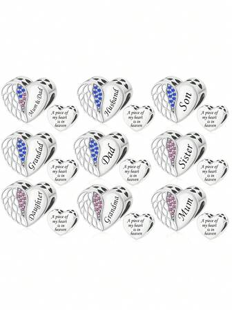 Un cálido colgante de plata de ley 925 con cuentas, con forma de corazón, alas, "Una parte de mi corazón está en el cielo", colgante con cuentas, joyería de plata, para uso diario, adecuado como regalo conmemorativo para seres queridos