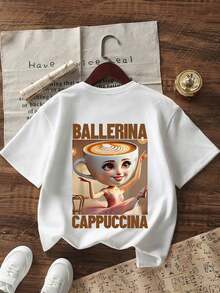 Tween Girl Casual Funny "Italian Brainrot Coffee Ballerina" Graphic Print Crew Neck Short Sleeve T-Shirt, Summer Top - White - View 3