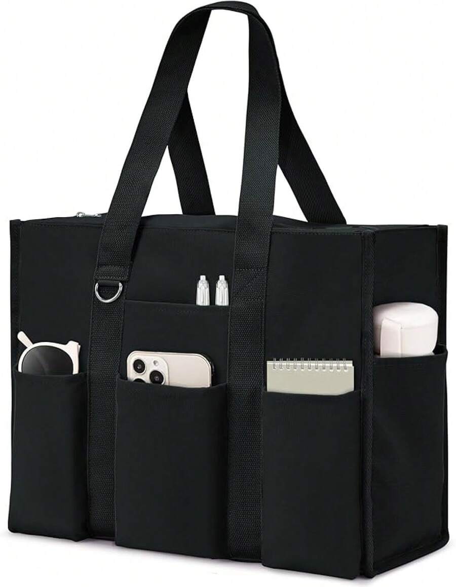 Large Tote Bag Women Waterproof With 12 Pockets Top Zipper Close Utility Bags Work School, Style - màu đen - Xem 1