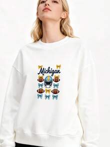 Michigan Football Hoodless Sweatshirt, Michigan, College Game Day Hoodless Sweatshirt, Michigan Bow Hoodless Sweatshirt, Michigan Coquette, Michigan College Hoodless Sweatshirt - 白色 - 查看 3