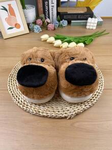 Chinelos de Algodão com Formato de Cachorro Fofo para Mulheres, Forro de Pelúcia Quente de Inverno, Sola Antiderrapante, Chinelos de Quarto