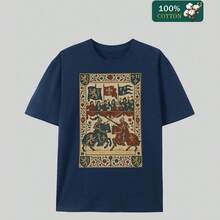 Men's Vintage Knight Jousting Graphic T-Shirt, Retro Medieval Tournament Print With Gold/Blue/Red Accents,  Soft Cotton Casual Tee For Everyday Wear, Gift For History Enthusiasts, Classic Fit That Flatters All Body Types - 藏蓝色 - 查看 6