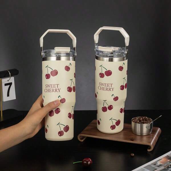 1pc 900ml/33.44oz Letter & Cherry Vacuum Insulated Bottle, Large Capacity Water Bottle With Handle & Straw, Suitable For Sports, Outdoor, Fitness, Travel