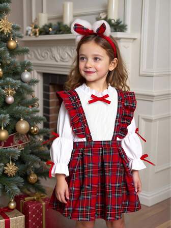 2 件套年轻女孩休闲蝴蝶结条纹长袖衬衫和吊带裙套装，适合春秋季日常休闲、学校、户外活动