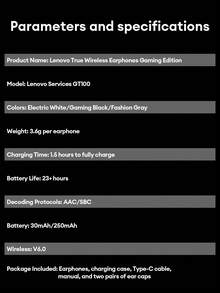 Lenovo 联想 GT100 蓝牙耳机，半入耳式高品质音频，超低延迟游戏模式，长电池寿命，佩戴舒适，硅胶耳塞，兼容智能手机和电脑的无线耳机 - 黑色 - 查看 10