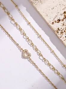 Nooxian 3pcs/Set Women Bracelet Set, Casual Elegant Gold-Tone Zirconia Heart Pendant & Beaded Chain Layered Bracelets, Suitable For Daily Wear - Yellow Gold - View 5