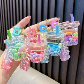 1pc Boba Tea Cup Shaped PVC Keychain With Shiny Beads, Suitable For Women's Bags, Backpacks, Cars And Earphones, As A Small Fashionable Gift, Halloween, School, Car Accessories, Cute Gothic Y2K Style