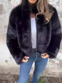 Large Size, Large Size Women's Winter Short-Sleeved Zipper Jacket With Artificial Fur Collar - A Thick And Soft Coat With Loose Long Sleeves In Red/Black Color, Machine Washable And Warm, Suitable For Both Casual And Formal Occasions (Suitable For All Seasons), Women's Winter Jacket, Christmas Gift - Green - View 2