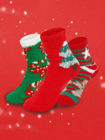 Nuevos calcetines de Navidad de invierno con diseño de hombre de jengibre y árbol de Navidad para mujeres, calcetines navideños de estilo europeo y americano con dibujos animados, calcetines de felpa coral para dormir