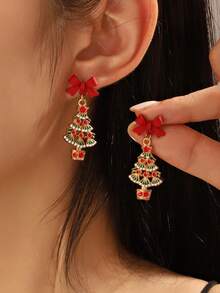 1 对圣诞红色蝴蝶结和圣诞树可爱女士耳环 - 耳環 - 查看 6