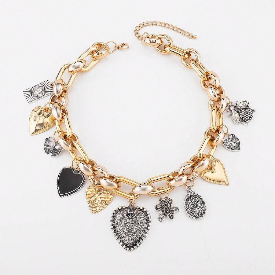 Mydear 1pc Vintage Charm Geometric Heart Pendant Necklace, Retro Dual-Tone Alloy Chunky Chain, Fashion Jewelry Suitable For Women's Daily & Party Wear