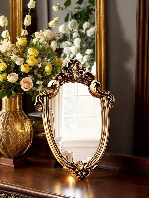 1pc European Classical Style Golden Floral Pattern Asymmetrical Mirror Decor, Can Be Hung On Wall Or Placed On Desk, European Palace Style Decorative Mirror Suitable For Home Wall Decor Or Vanity Mirror