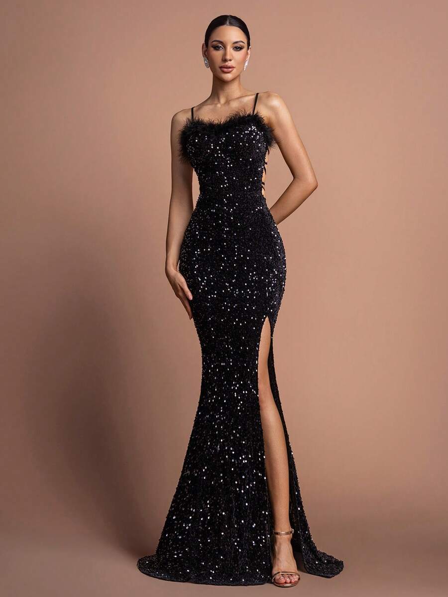 优雅闪亮吊带晚礼服 - 交叉露背吊带和高开衩设计，闪亮鱼尾裙摆 - 是正式晚宴、婚礼宾客、红毯活动和奢华派对的理想之选