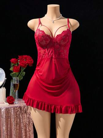 2件套女士酒红色蕾丝花卉性感舒适睡衣，居家舒适风连体泳衣和丁字裤，性感撩人居家舒适内衣套装