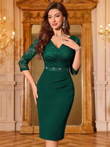 MIUSOL Đầm dự tiệc dáng ôm, cổ chữ V, tay lỡ 3/4, đính sequin ở eo và vạt chéo, chất liệu ren hoa, thích hợp cho nữ, trang phục bán formal, thanh lịch, công sở. - Màu xanh lá cây đậm - Xem 4