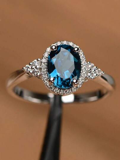 1pc Aqua Blue Zirconia Stone Ring, Fashionable Engagement Jewelry